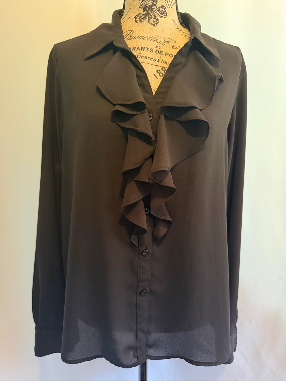Calvin Klein Black Ruffle Front Button-Down Blouse